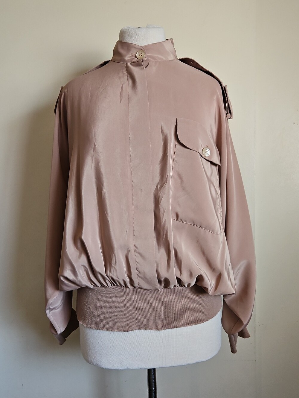 Jamboree New York Tan Satin Vintage Bomber Jacket Buttons Front Size 14